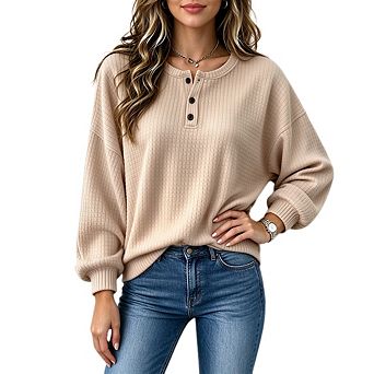 Women Waffle Knit Henley Top Long Sleeve Button Up V Neck Shirts Dressy Casual Loose Tunic Blouse
