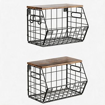 Splendid Frame 2 pc Stackable Metal Fruit Basket Wood Lid Kitchen Storage