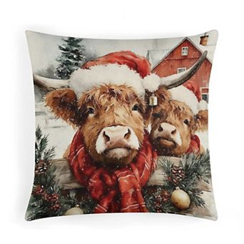 Throw Pillow Covers, Christmas Highland Cows Watercolor Print Cushion Case for Couch Decor