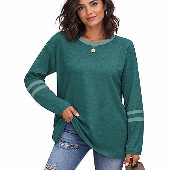 Womens Color Block Long Sleeve Crew Neck Shirts Casual Fall Basic Tees