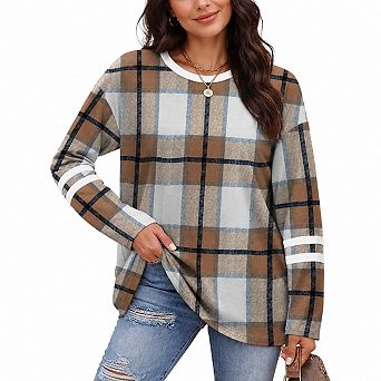 Color Block Long Sleeve Womens Tunic Crew Neck Striped Casual Top