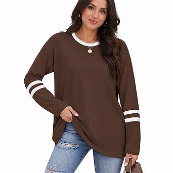 Womens Color Block Long Sleeve Tee Casual Crew Neck Striped Top