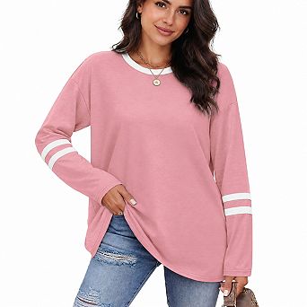 Women Long Sleeve Color Block Crew Neck Striped Tee