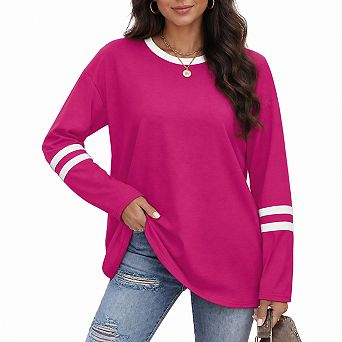 Women Long Sleeve Color Block Crew Neck Striped Tunic Top Fall Business Casual Tee