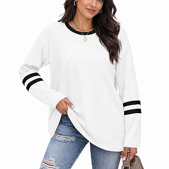 Womens Color Block Long Sleeve Tee Striped Sleeves Casual Crew Neck Tunic Top