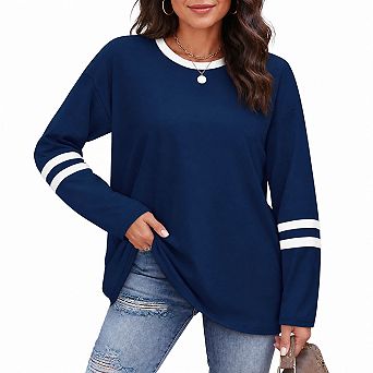 Women Color Block Long Sleeve Crew Neck Striped Tunic Top