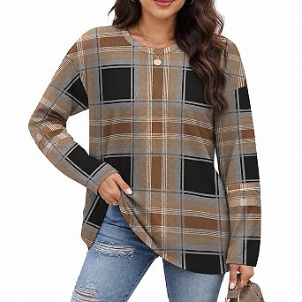 Women Long Sleeve Crew Neck Color Block Casual Tunic Tops