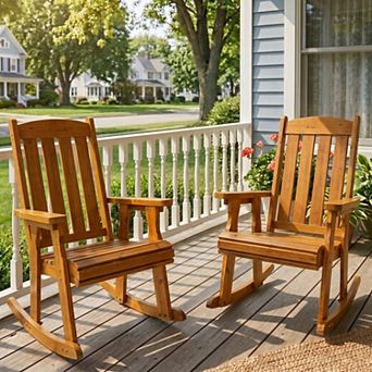 2 pc Solid Fir Wood Outdoor Rocking Chair with Deep Contour Seat, Heavy Duty 600 lbs for Patio