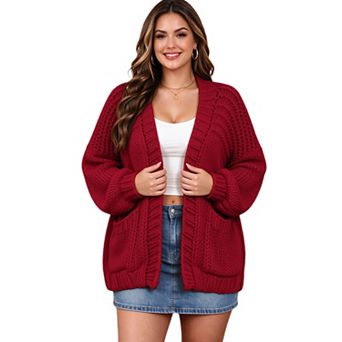 Plus Size Women Cable Knit Cardigan Balloon Sleeve Sweater Coat