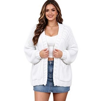 Plus Size Women Cable Knit Cardigan Balloon Sleeve Sweater Coat