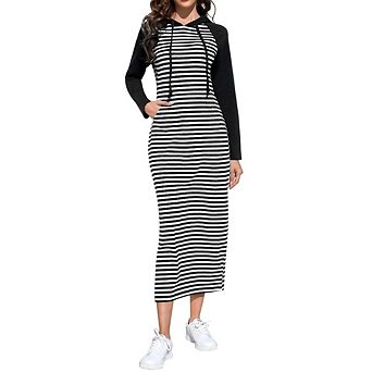 Women's hooded drawstring raglan sleeve striped side slit maxi dress
