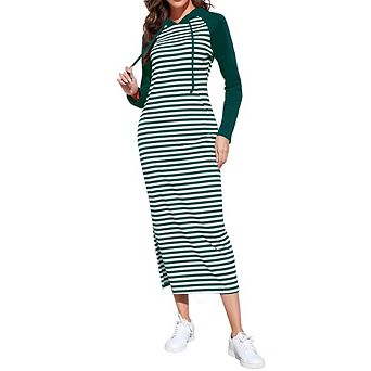 Women's hooded drawstring raglan sleeve striped side slit maxi dress