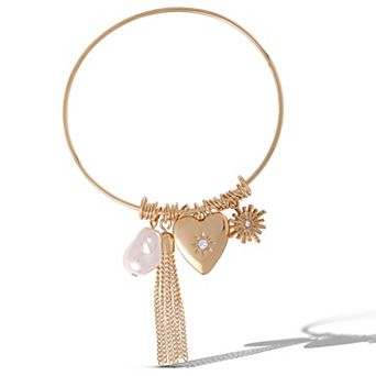 BCBGeneration Tassel and Heart Charm Bangle Bracelet for Women (One Size)
