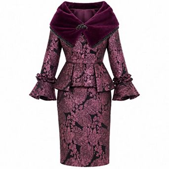 Donna Vinci Women's Floral Brocade Faux Fur Trim Jacket and Skirt Set