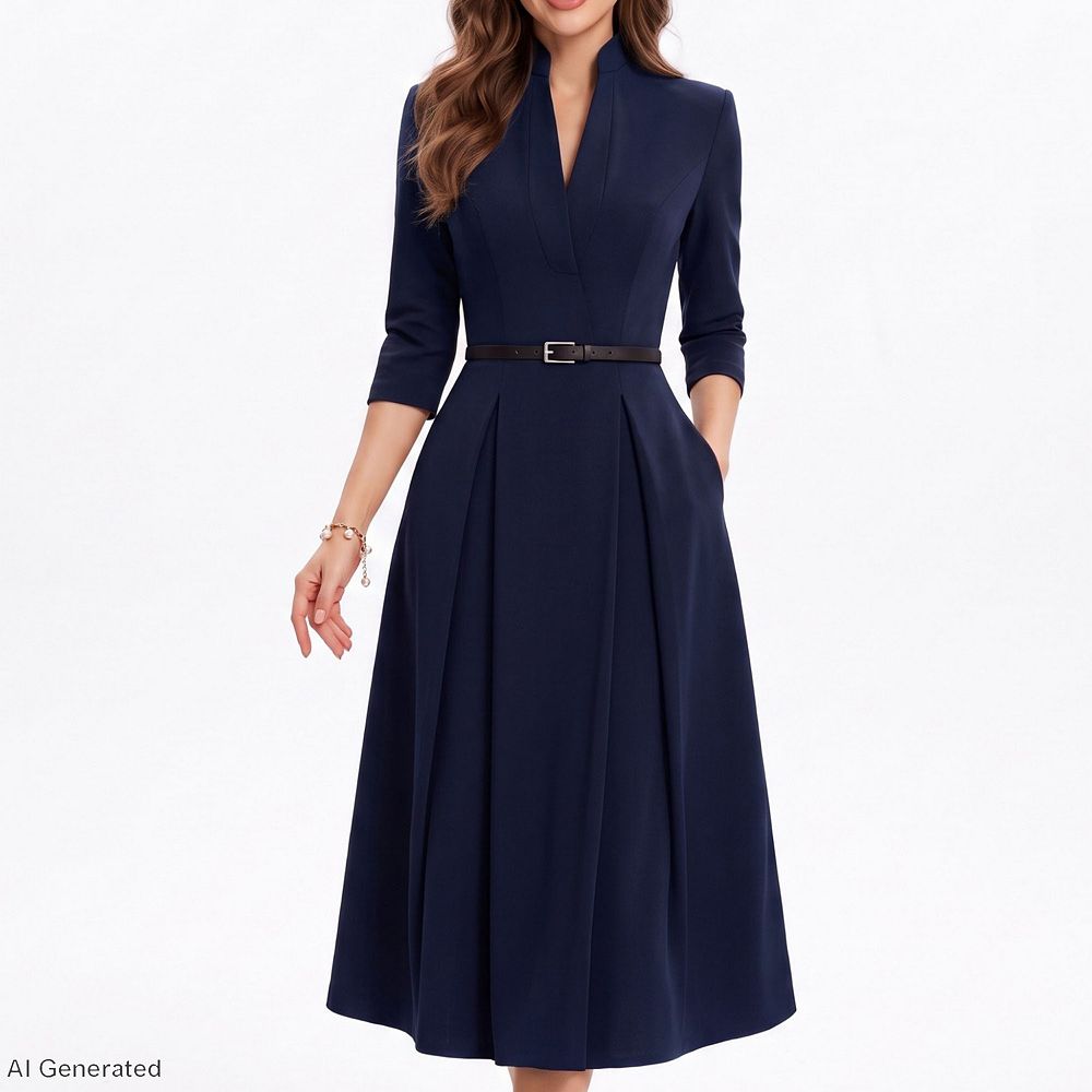 Womens Three Quarter Sleeve Belted Midi Dress with Pleated A Line Skirt