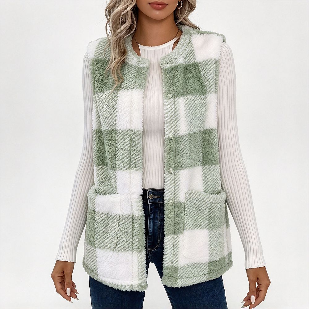 Women's Plaid Sherpa Vest, Open Front Side Pocket Sleeveless Fuzzy ...