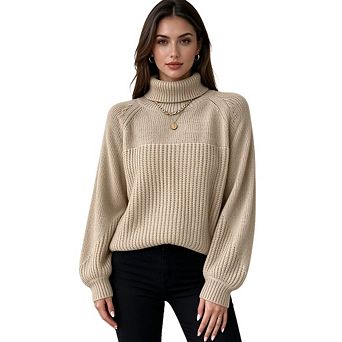Women's High Neck Fold Over Collar Raglan Sleeve Pullover Knit Sweater