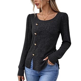 Women's Ribbed Knit Long Sleeve Tops Scoop Neck Puff Sleeve Button Slit Hem Casual Shirts