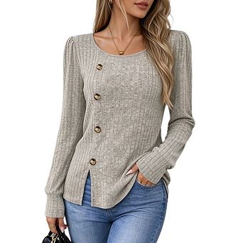 Women's Ribbed Knit Long Sleeve Tops Scoop Neck Puff Sleeve Button Slit Hem Casual Shirts