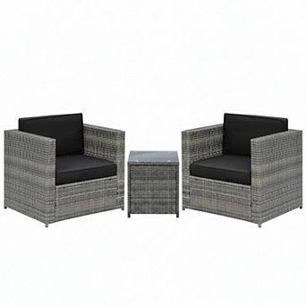 3 pc Wicker Bistro Patio Set with Two Cushioned Chairs and Tempered Glass Table
