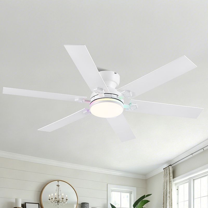 52 In Flush Mount Ceiling Fan with RGB Light and Remote DC Motor White ...