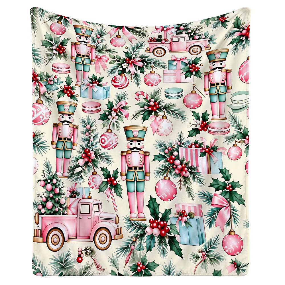 Vintage Pink Truck Poinsettia Flannel Throw Blanket, Farmhouse ...