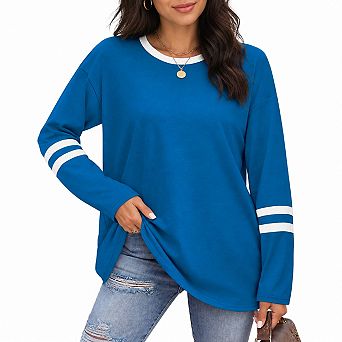 Womens Color Block Long Sleeve Crew Neck Striped Sleeve Casual Tunic Top