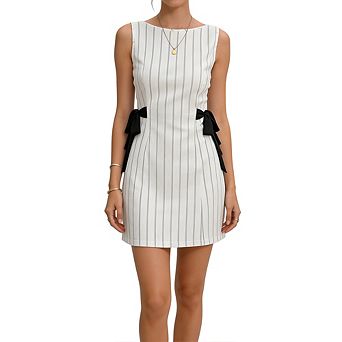 Women Round Neck Sleeveless Vertical Stripe Side Bow Tie Waist Mini Dress