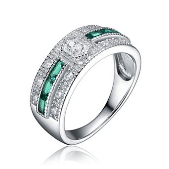 Sterling Silver White Gold Plated with Emerald Green Cubic Zirconia Cocktail Ring