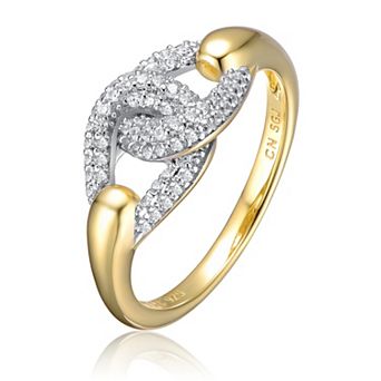 Sterling Silver 14K Gold Plated with Cubic Zirconia Entwined Double Curb Chain Ring
