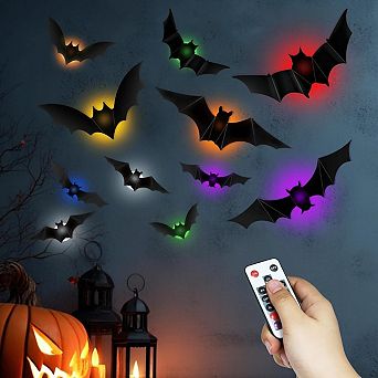 Fieldview 48 Pack Halloween Bats Wall Decor with 12 LED Lights and Remote Control