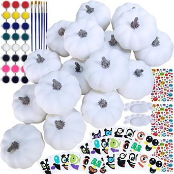 Fieldview 16 Sets DIY Pumpkin Painting Kit with 3 Inch White Foam Pumpkins Acrylic Paint Brushes