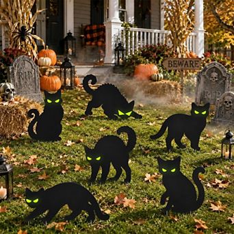 Fieldview 6 Pack Black Cat Halloween Yard Signs with Stakes Glow in the Dark Eyes Outdoor Lawn Decor
