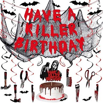 Fieldview 42 pc Halloween Horror Birthday Party Decorations Set with Banner Swirls Cake Topper