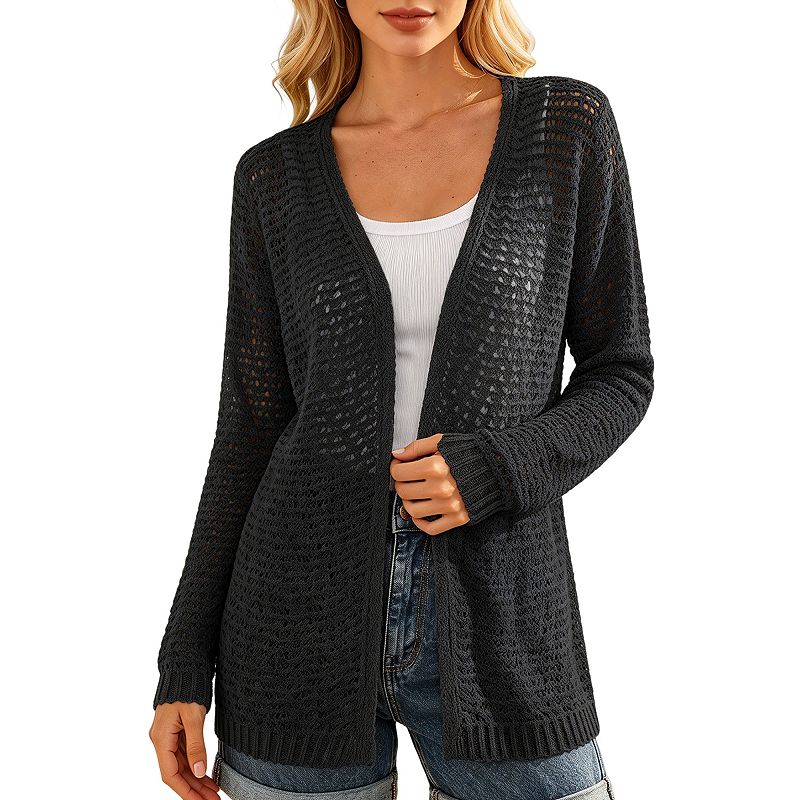 Women's Open Front V Neck Crochet Knit Cardigan Long Sleeve Hollow Out ...