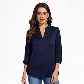 Women's Stand Collar v Neck Blouse, Roll Tab Long Sleeve Work Casual Shirt