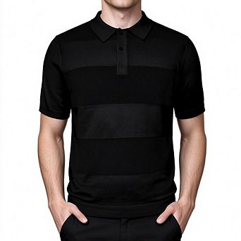 Men Collared Striped Textured Splicing Short Sleeve Knit Polo Shirt