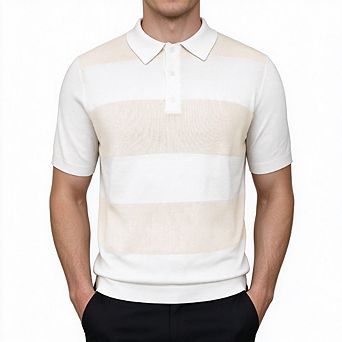 Men Collared Striped Textured Splicing Short Sleeve Knit Polo Shirt