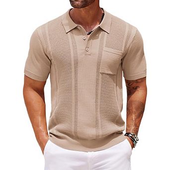 Men Collared Button Placket Short Sleeve Knit Casual Polo Pullover