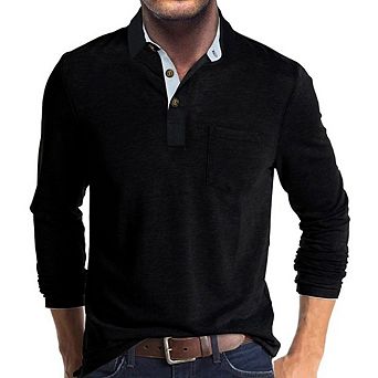 Men Collared Contrast Placket Chest Pocket Long Sleeve Polo Shirt