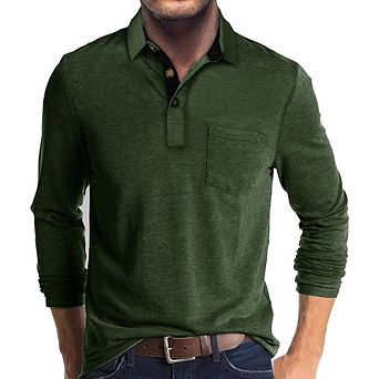 Men Collared Contrast Placket Chest Pocket Long Sleeve Polo Shirt