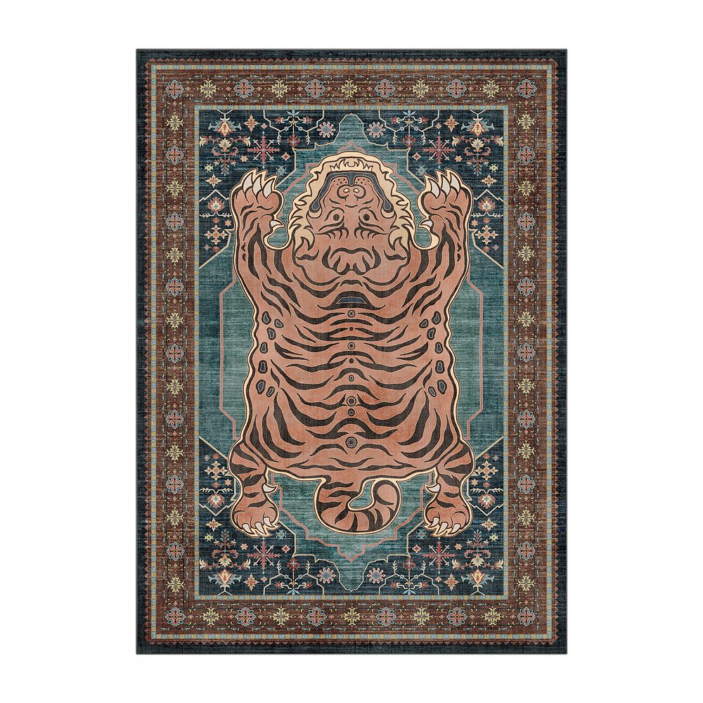 Vintage Tiger Print Machine Washable Rug with Rubber Backing Soft Non ...