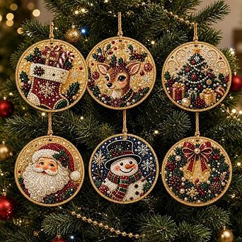 Fieldview 6 Pack DIY Pearl Art Christmas Ornament Kit with Beads Gems and Twine for Tree Decor
