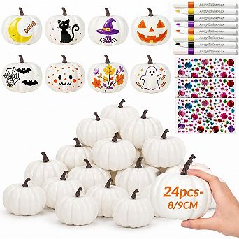 Fieldview 24 Pack White Foam Pumpkins Decorating Kit with Paint Markers and Rhinestones