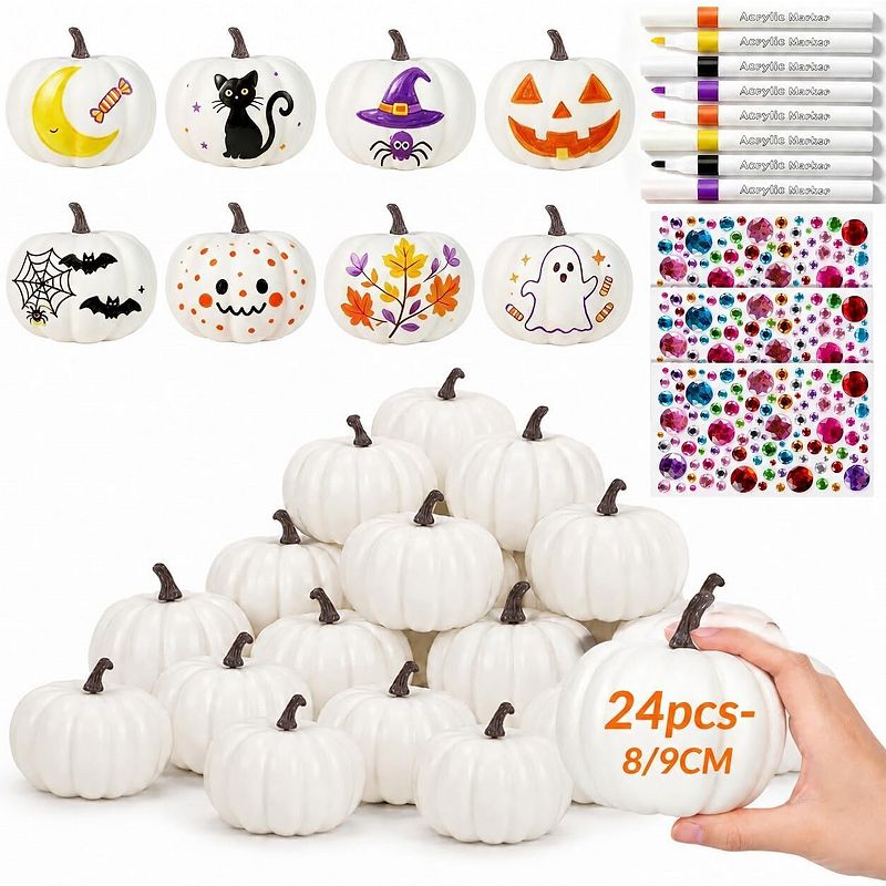 Fieldview 24 Pack White Foam Pumpkins Decorating Kit with Paint Markers ...