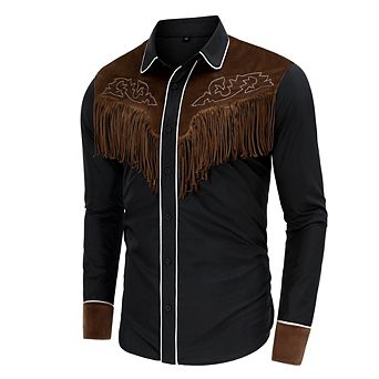 Men Color Block Spliced Fringe Embroidered Collared Long Sleeve Slim Shirt