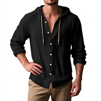 Men Hooded Drawstring Linen Long Sleeve Casual Shirt
