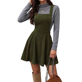 Women Elegant Corduroy Square Neck Sleeveless A Line Swing Ruffle Pinafore Mini Dress