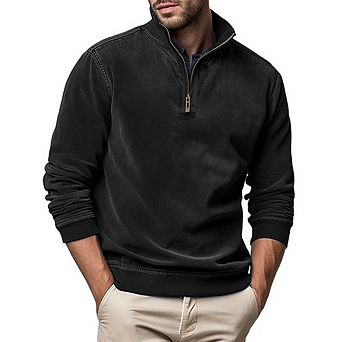 Men Quarter Zip Stand Collar Long Sleeve Washed Pullover Sweatshirt