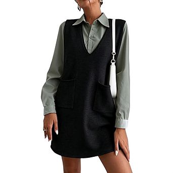 Women Elegant Deep V Neck Sleeveless Knit Pullover Vest Dress with Pocket